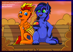 Size: 3508x2480 | Tagged: safe, artist:sugardotxtra, derpibooru import, oc, oc:fireheart(fire), oc:guard cobalt flash, bat pony, bat pony oc, bench, cute, food, mango, sitting, wholesome