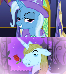 Size: 1280x1440 | Tagged: safe, derpibooru import, edit, edited screencap, screencap, prince blueblood, trixie, pony, unicorn, no second prances, the best night ever, bluetrix, bowtie, cape, clothes, female, flower, flower in mouth, hat, male, mouth hold, rose, rose in mouth, shipping, shipping domino, smiling, stallion, straight, trixie's cape, trixie's hat