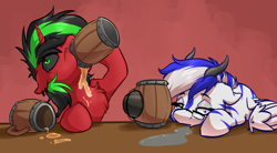 Size: 3192x1760 | Tagged: safe, artist:witchtaunter, derpibooru import, oc, oc:light speed, oc:pynoka, pegasus, pony, unicorn, alcohol, beer, black sclera, chest fluff, commission, cup, derp, drink, drinking, drool, drunk, ear fluff, ear piercing, earring, ears, eye bulging, faic, floppy ears, glasses, gradient background, horns, jewelry, piercing