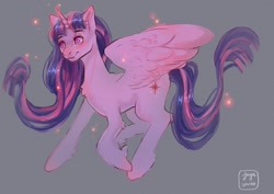 Size: 1199x848 | Tagged: safe, artist:jaynsparkle, derpibooru import, twilight sparkle, twilight sparkle (alicorn), alicorn, pony, chest fluff, simple background, smiling, solo, spread wings, unshorn fetlocks, wings