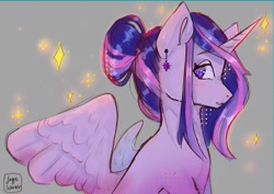 Size: 4093x2894 | Tagged: safe, artist:jaynsparkle, derpibooru import, twilight sparkle, twilight sparkle (alicorn), alicorn, pony, ear piercing, earring, jewelry, piercing, simple background, sitting, solo, spread wings, wings