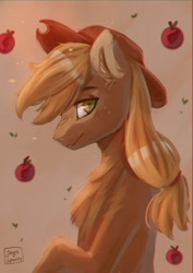 Size: 848x1199 | Tagged: safe, artist:jaynsparkle, derpibooru import, applejack, earth pony, pony, apple, chest fluff, food, hat, looking at you, simple background, sitting, solo