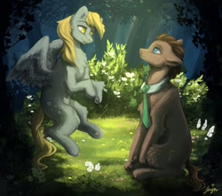 Size: 1700x1500 | Tagged: safe, artist:jaynsparkle, derpibooru import, derpy hooves, doctor whooves, earth pony, pegasus, pony, duo, female, flying, forest, hoof heart, looking at each other, looking at someone, male, mare, necktie, outdoors, sitting, smiling, smiling at each other, stallion, underhoof