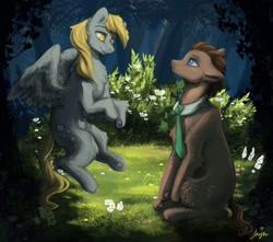 Size: 1700x1500 | Tagged: safe, alternate version, artist:jaynsparkle, derpibooru import, derpy hooves, doctor whooves, earth pony, pegasus, pony, duo, female, flying, forest, hoof heart, looking at each other, looking at someone, male, mare, necktie, open mouth, outdoors, sitting, smiling, smiling at each other, stallion, tree, underhoof
