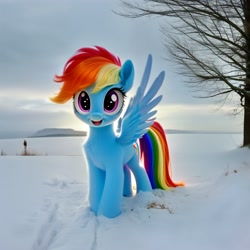 Size: 1536x1536 | Tagged: safe, ai content, derpibooru import, generator:pony diffusion v5, generator:stable diffusion, machine learning generated, rainbow dash, pegasus, pony, female, filly, foal, looking at you, mare, one wing out, open mouth, open smile, prompter:siber, realistic, smiling, smiling at you, snow, solo, tree, wings, winter