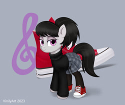 Size: 1280x1076 | Tagged: safe, artist:vinilyart, derpibooru import, octavia melody, earth pony, pony, 2023, alternate hairstyle, clothes, cutie mark background, eyeshadow, female, hoof shoes, looking at you, makeup, mare, pantyhose, plaid, plaid skirt, shoes, signature, skirt, sneakers, solo, sweater, turtleneck