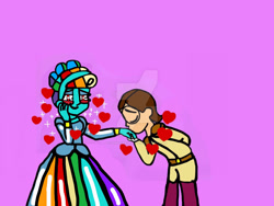 Size: 1920x1440 | Tagged: safe, artist:iamscar2017, derpibooru import, rainbow dash, oc, oc:kayden lindsey, human, alternate hairstyle, blushing, canon x oc, cinderella, clothes, cute, dashabetes, deviantart watermark, dress, female, gown, hand kiss, heart, male, obtrusive watermark, pink background, rainbow gown, shipping, simple background, smiling, sparkles, suit, watermark