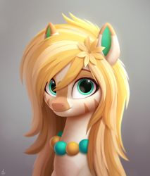 Size: 1700x2000 | Tagged: safe, artist:luminousdazzle, derpibooru import, oc, oc only, oc:bombay colada, zebra, bust, colored eartips, colored pinnae, facial markings, female, flower, flower in hair, gradient background, jewelry, long mane, looking at you, mare, necklace, portrait, semi-realistic, simple background, smiling, solo, stripes, two toned mane, zebra oc
