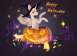 Size: 2274x1668 | Tagged: safe, artist:soudooku, derpibooru import, oc, oc only, alicorn, cat, earth pony, pegasus, pony, unicorn, candy, commission, food, halloween, happy, happy halloween, hat, holiday, jack-o-lantern, looking at you, pumpkin, slots, smiling, smiling at you, solo, stars, sweets, witch, witch hat, your character here