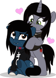 Size: 3616x5000 | Tagged: safe, artist:jhayarr23, derpibooru import, earth pony, pony, undead, unicorn, zombie, zombie pony, bipedal, bipedal leaning, biting, bone, bring me the horizon, clothes, commission, disguise, disguised siren, duo, duo male, ear bite, fangs, gay, happy, heart, horn, kellin quinn, leaning, long sleeves, looking at each other, looking at someone, male, oliver sykes, scar, shipping, shirt, simple background, sitting, sleeping with sirens, slit eyes, smiling, stitches, t-shirt, tattoo, transparent background, underhoof, ych result