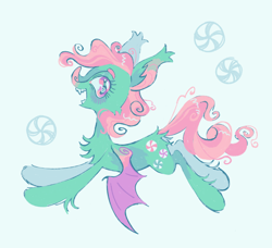 Size: 1274x1164 | Tagged: safe, artist:webkinzworldz, derpibooru import, minty, bat pony, pony, g3, bat ears, bat nose, bat ponified, blush lines, blushing, butt fluff, candy, chest fluff, colored wings, ear tufts, female, flying, food, green background, leg fluff, light green background, mare, open mouth, pink eyes, race swap, sharp teeth, simple background, smiling, solo, teeth, wings, wings down