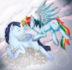 Size: 750x727 | Tagged: safe, artist:kalsmi, derpibooru import, rainbow dash, soarin', pegasus, pony, cloud, eyes closed, female, flying, male, mare, nuzzling, shipping, soarindash, stallion, straight