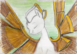 Size: 6893x4797 | Tagged: safe, artist:c_||_r, pegasus, pony, coloured pencil, eyes closed, looking down, metal wing, signature, simple background, solo, spread wings, statue, traditional art, zephyr heights
