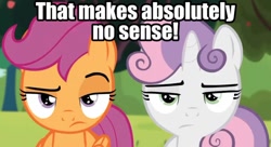 Size: 960x521 | Tagged: safe, edit, edited screencap, editor:undeadponysoldier, screencap, scootaloo, sweetie belle, pegasus, pony, unicorn, brotherhooves social, duo, female, filly, foal, looking at you, meme, raised eyebrow, scootaloo is not amused, sweetie belle is not amused, talking to viewer, text