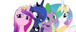 Size: 882x378 | Tagged: safe, edit, editor:undeadponysoldier, princess cadance, princess celestia, princess luna, spike, alicorn, dragon, pony, crown, cute, cutelestia, daaaaaaaaaaaw, female, group hug, happy, hug, jewelry, lunabetes, male, mare, necklace, regalia, royal sisters, siblings, simple background, sisters, smiling, spikabetes, spikelove, transparent background, vector, vector edit