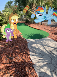 Size: 1280x1707 | Tagged: safe, editor:undeadponysoldier, photographer:undeadponysoldier, applejack, rainbow dash, spike, dragon, earth pony, pegasus, pony, angry, best friends, croquet mallet, dragons in real life, edited photo, female, flying, frustrated, hanging out, male, mare, minigolf, outdoors, ponies in real life, rage, raised hoof, raised leg, scared, summer, this will not end well, vacation, winged spike