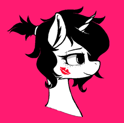 Size: 654x646 | Tagged: safe, artist:avristed, artist:pinkberry, derpibooru import, oc, oc only, oc:mae (pinkberry), unicorn, collaboration, bust, freckles, kiss mark, lipstick, pink background, red background, simple background, solo