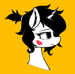 Size: 654x646 | Tagged: safe, artist:avristed, artist:pinkberry, derpibooru import, oc, oc only, oc:mae (pinkberry), unicorn, collaboration, bust, freckles, kiss mark, lipstick, simple background, solo, yellow background