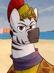 Size: 520x700 | Tagged: safe, artist:bunnyshrubby, derpibooru import, oc, oc only, oc:zalathel zarca, zebra, equestria at war mod, armor, bust, colthage, helmet, sand, solo, water, zebra oc