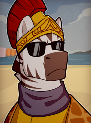 Size: 1040x1400 | Tagged: safe, artist:bunnyshrubby, derpibooru import, oc, oc only, oc:zalathel zarca, zebra, equestria at war mod, armor, bust, colthage, helmet, sand, solo, sunglasses, water, zebra oc