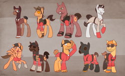 Size: 6600x4000 | Tagged: safe, artist:zeffdakilla, derpibooru import, earth pony, pegasus, pony, unicorn, angry, clothes, coat, demoman, engineer, flying, grin, hat, heavy, insanity, looking at you, looking sideways, mask, medic, ponified, pyro, raised hoof, raised leg, salute, scout, shirt, simple background, smiling, sniper, soldier, species swap, spread wings, spy, standing, suit, team fortress 2, wings