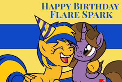 Size: 600x402 | Tagged: safe, artist:noi kincade, derpibooru import, oc, oc only, oc:flare spark, oc:princess kincade, birthday, eyes closed, female, happy birthday, hat, hoof around neck, hug, party hat