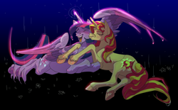 Size: 6133x3809 | Tagged: safe, artist:falkoshut, derpibooru import, sci-twi, sunset shimmer, twilight sparkle, alicorn, pony, unicorn, alicorn sci-twi, blushing, duo, equestria girls ponified, eyes closed, female, gift art, glowing, glowing horn, horn, kissing, laughing, lesbian, ponified, rain, scitwishimmer, shipping, snuggling, species swap, sunsetsparkle