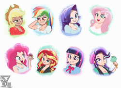 Size: 3000x2200 | Tagged: safe, artist:theretroart88, derpibooru import, edit, applejack, fluttershy, pinkie pie, rainbow dash, rarity, starlight glimmer, sunset shimmer, twilight sparkle, human, equestria girls, applerack, breasts, busty mane six, cleavage, clothes, cupcake, food, grin, headlight sparkle, hootershy, human coloration, humane five, humane seven, humane six, ice cream, looking at you, one eye closed, open mouth, open smile, pinkie pies, rainboob dash, raritits, simple background, smiling, smiling at you, white background, wink, winking at you
