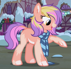 Size: 1220x1184 | Tagged: safe, artist:anonymous, derpibooru import, oc, oc only, oc:vespy, earth pony, clothes, human to pony, mid-transformation, pale belly, scarf, show accurate, snow, solo, species swap, striped scarf, transformation