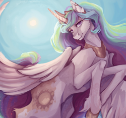 Size: 3018x2826 | Tagged: safe, artist:ananasiyo, derpibooru import, princess celestia, alicorn, pony, ear piercing, earring, female, horn, horn ring, jewelry, mare, piercing, ring, smiling, solo, sun