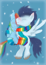 Size: 750x1061 | Tagged: safe, artist:startoucher, derpibooru import, rainbow dash, soarin', pegasus, pony, clothes, female, flying, hug, male, mare, rainbow socks, shipping, soarindash, socks, stallion, straight, striped socks