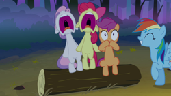 Size: 1280x720 | Tagged: safe, derpibooru import, screencap, apple bloom, rainbow dash, scootaloo, sweetie belle, earth pony, pegasus, pony, unicorn, sleepless in ponyville, bipedal, cutie mark crusaders, eyes closed, female, filly, foal, mare, open mouth, outdoors, sitting, standing, teeth, throat, uvula, volumetric mouth