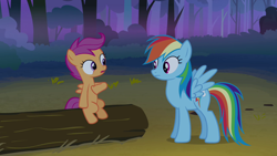 Size: 1280x720 | Tagged: safe, derpibooru import, screencap, rainbow dash, scootaloo, pegasus, pony, sleepless in ponyville, female, filly, foal, looking at each other, looking at someone, mare, outdoors, sitting, standing