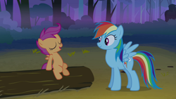 Size: 1280x720 | Tagged: safe, derpibooru import, screencap, rainbow dash, scootaloo, pegasus, pony, sleepless in ponyville, eyes closed, female, filly, foal, looking at someone, mare, outdoors, sitting, smiling, standing