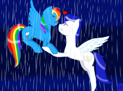 Size: 750x559 | Tagged: safe, artist:foxstar085, derpibooru import, rainbow dash, soarin', pegasus, pony, female, flying, male, mare, rain, shipping, smiling, soarindash, stallion, straight