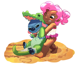 Size: 2342x1938 | Tagged: safe, artist:applephil, derpibooru import, gummy, pinkie pie, human, animal costume, clothes, cosplay, costume, crossover, dragging, duo, duo male and female, female, gritted teeth, high res, lilo and stitch, lilo pelekai, male, moderate dark skin, one eye closed, sand, simple background, stitch, sweat, teeth, white background