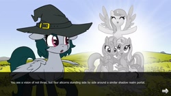 Size: 1920x1080 | Tagged: artist needed, safe, derpibooru import, pegasus, alicorns, dialogue, hat, marequest, witch hat