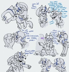 Size: 1802x1866 | Tagged: safe, artist:disaterror, derpibooru import, boulder (pet), fluttershy, maud pie, party favor, starlight glimmer, pegasus, pony, unicorn, angry, curved horn, dialogue, ears back, exploitable meme, eye clipping through hair, horn, i didn't listen, image macro, lidded eyes, looking at you, meme, nervous sweat, s5 starlight, scared, wide eyes