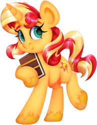 Size: 2960x3819 | Tagged: safe, artist:partypievt, derpibooru import, sunset shimmer, pony, unicorn, book, book cover, cover, female, high res, lineless, looking back, mare, simple background, solo, transparent background, unshorn fetlocks