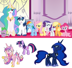 Size: 1320x1262 | Tagged: safe, derpibooru import, applejack, fluttershy, pinkie pie, princess cadance, princess celestia, princess luna, rainbow dash, rarity, shining armor, spike, twilight sparkle, unicorn twilight, alicorn, dragon, earth pony, pegasus, pony, unicorn, crying, ears, floppy ears, goodbye, sad, teary eyes