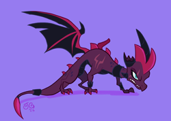 Size: 2048x1459 | Tagged: safe, artist:janegumball, derpibooru import, tempest shadow, dragon, broken horn, broken wing, crossover, dragoness, dragonified, female, horn, horns, purple background, signature, simple background, solo, species swap, spread wings, spyro the dragon (series), storm king's emblem, wings