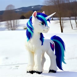 Size: 1536x1536 | Tagged: safe, ai content, derpibooru import, generator:pony diffusion v5, generator:stable diffusion, machine learning generated, shining armor, pony, unicorn, full body, looking sideways, male, prompter:siber, realistic, scenery, snow, solo, stallion, standing, tree, winter