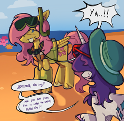 Size: 1657x1620 | Tagged: safe, artist:loldog06, derpibooru import, applejack, fluttershy, pinkie pie, rarity, earth pony, pegasus, pony, unicorn, beach, blushing, duo focus, embarrassed, female, goggles, hat, inner tube, lifejacket, looking at each other, looking at someone, mare, pool toy, snorkel, speech bubble, sun hat, sunglasses, sunglasses on head, sweat, sweatdrop, swim mask, unshorn fetlocks, water wings, watermark