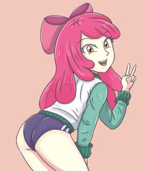 Size: 2362x2775 | Tagged: safe, artist:sumin6301, derpibooru import, apple bloom, human, equestria girls, ass, bloom butt, butt, older, older apple bloom, orange background, peace sign, simple background, solo, sports panties