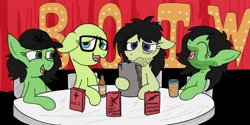 Size: 3936x1965 | Tagged: artist needed, safe, artist:ponny, derpibooru import, oc, oc:anon filly, earth pony, pony, baseball cap, cap, colored, drink, drinking, female, filly, five o'clock shadow, flask, foal, glass, glasses, hat, laughing, nervous, nervous smile, ponified, redlettermedia, sad, smiling, species swap, stubble, vhs
