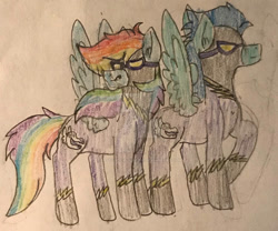 Size: 750x625 | Tagged: safe, artist:justcallmescaizor, derpibooru import, rainbow dash, soarin', pegasus, pony, female, male, mare, shadowbolts, shipping, soarindash, stallion, straight, traditional art