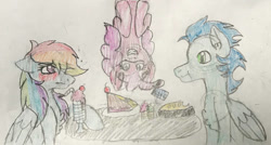 Size: 750x403 | Tagged: safe, artist:justcallmescaizor, derpibooru import, pinkie pie, rainbow dash, soarin', pegasus, pony, blushing, date, embarrassed, female, male, mare, shipping, soarindash, stallion, straight, traditional art