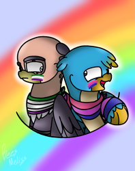 Size: 1337x1690 | Tagged: safe, artist:beesmeliss, derpibooru import, gallus, grampa gruff, griffon, bisexual pride flag, chibi, pride, pride flag