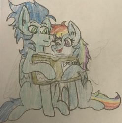 Size: 750x755 | Tagged: safe, artist:justcallmescaizor, derpibooru import, rainbow dash, soarin', pegasus, pony, book, female, male, mare, reading, shipping, soarindash, stallion, straight, traditional art