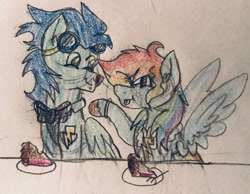 Size: 749x582 | Tagged: safe, artist:justcallmescaizor, derpibooru import, rainbow dash, soarin', pegasus, pony, female, male, mare, shipping, soarindash, stallion, straight, traditional art